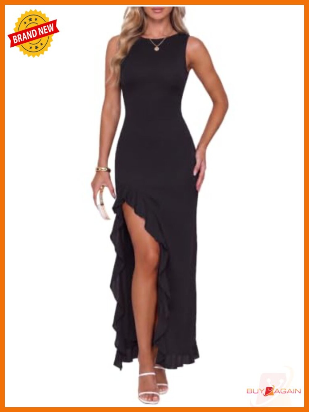 Sheer Mesh Bodycon Cocktail Dress High Slit Ruffle Sleeveless Wedding Guest